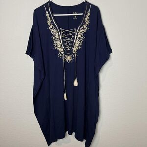 Belle Kim Gravel Kaftan Dress Womens XS Navy Blue Embroidered Tassel Boho Tunic